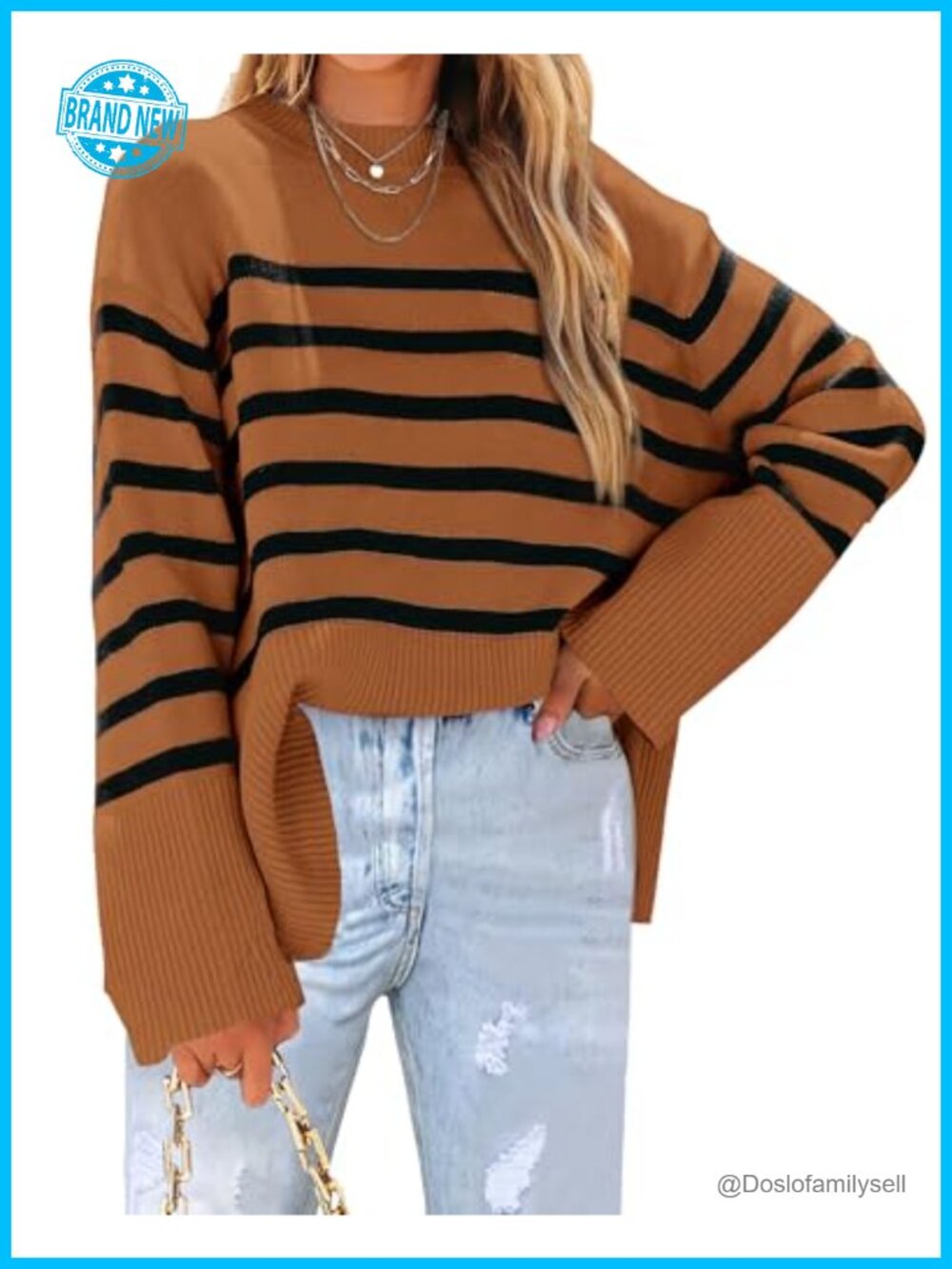 Oversized Striped Knit Pullover Sweater Side Slit Loose Fit Long Sleeve